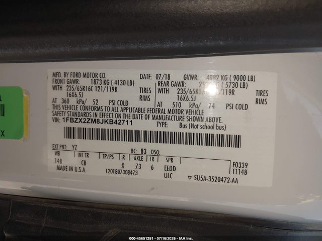 1FBZX2ZM8JKB42711 Ford Transit-350 Xl
