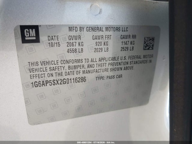 2016 Cadillac Cts Standard მანქანა იყიდება აუქციონზე, vin: 1G6AP5SX2G0116286, აუქციონის ნომერი: 45651254