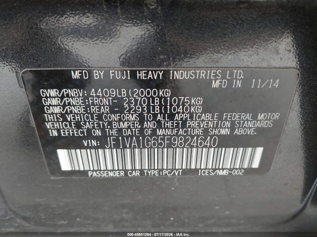 Subaru Wrx Limited 2015 JF1VA1G65F9824640 Image 9