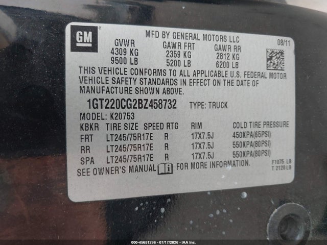 45651296 :رقم المزاد ، 1GT220CG2BZ458732 vin ، 2011 Gmc Sierra 2500hd Sle مزاد بيع
