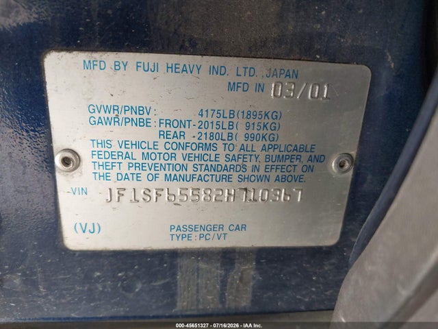 Продажа на аукционе авто 2002 Subaru Forester S, vin: JF1SF65582H710367, номер лота: 45651327