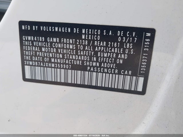 Продажа на аукционе авто 2017 Volkswagen Jetta 1.4t Se, vin: 3VWDB7AJXHM359907, номер лота: 45651334