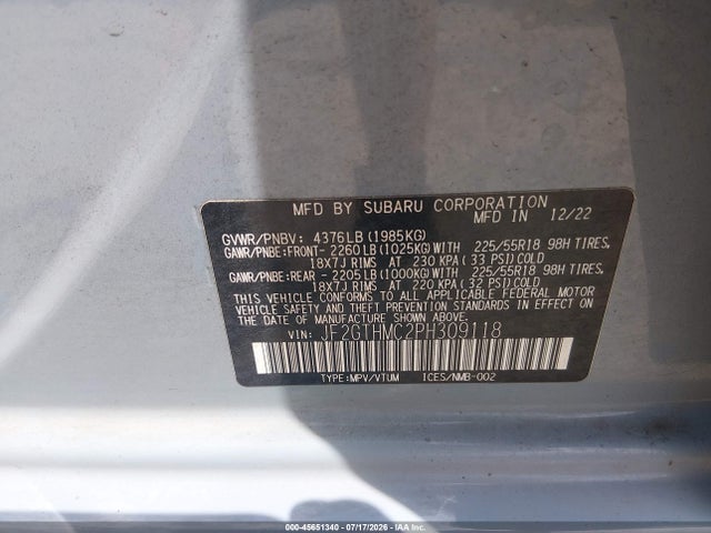 Aukcja sprzedaży 2023 Subaru Crosstrek Limited, vin: JF2GTHMC2PH309118, numer aukcji: 45651340