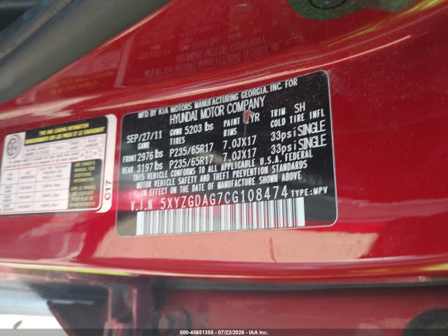 45651355 :رقم المزاد ، 5XYZGDAG7CG108474 vin ، 2012 Hyundai Santa Fe Gls V6 مزاد بيع