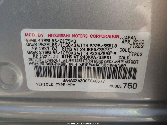 2016 Mitsubishi Outlander Se/sel მანქანა იყიდება აუქციონზე, vin: JA4AD3A30GZ040677, აუქციონის ნომერი: 45651368