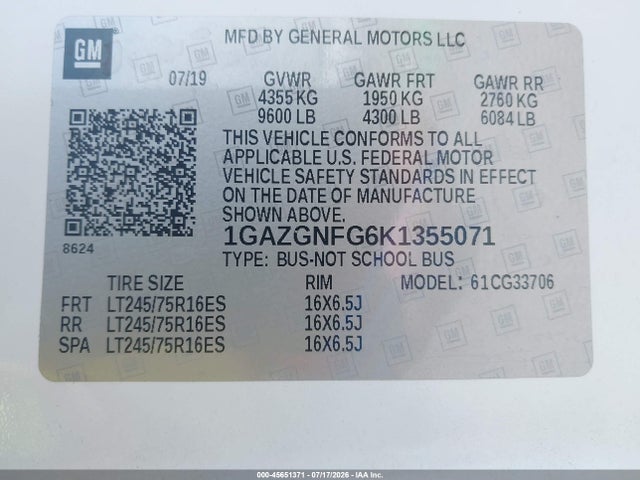 Chevrolet Express 3500 Ls 2019 1GAZGNFG6K1355071 Image 9