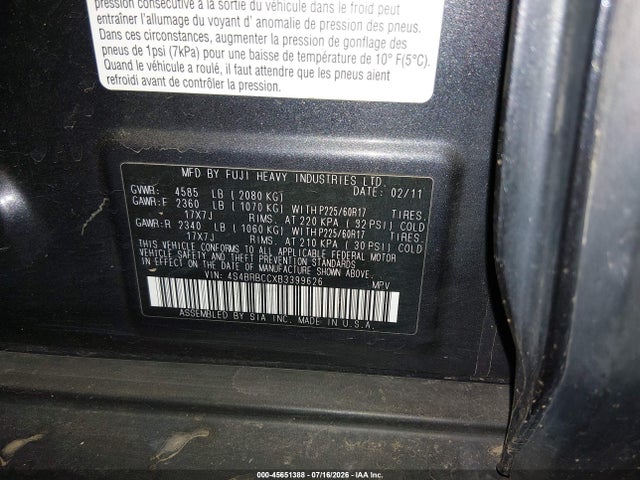45651388 :رقم المزاد ، 4S4BRBCCXB3399626 vin ، 2011 Subaru Outback 2.5i Premium مزاد بيع
