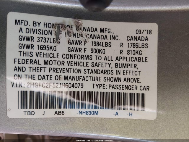 Honda Civic Lx 2018 2HGFC2F52JH604079 Image 9