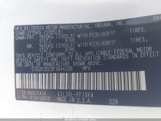 Toyota Sienna L 7 Passenger 2015 5TDZK3DC9FS644299 Image 9