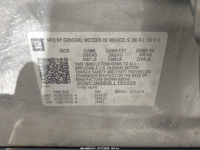 2020 Chevrolet Trax Awd Ls მანქანა იყიდება აუქციონზე, vin: 3GNCJNSB2LL151023, აუქციონის ნომერი: 45651414