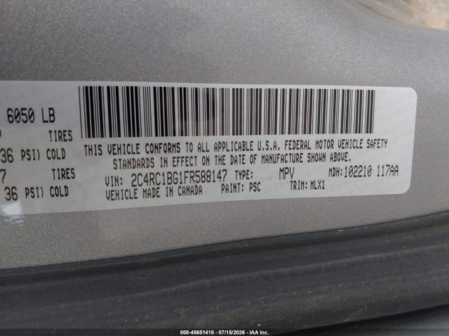 2015 Chrysler Town & Country Touring მანქანა იყიდება აუქციონზე, vin: 2C4RC1BG1FR588147, აუქციონის ნომერი: 45651418