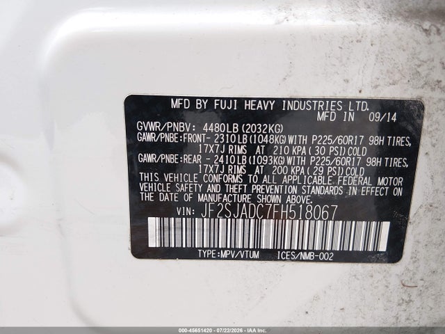Продажа на аукционе авто 2015 Subaru Forester 2.5i Premium, vin: JF2SJADC7FH518067, номер лота: 45651420