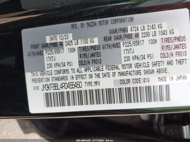 45651439 :رقم المزاد ، JM3KFBBL4R0455450 vin ، 2024 Mazda Cx-5 2.5 S Select مزاد بيع