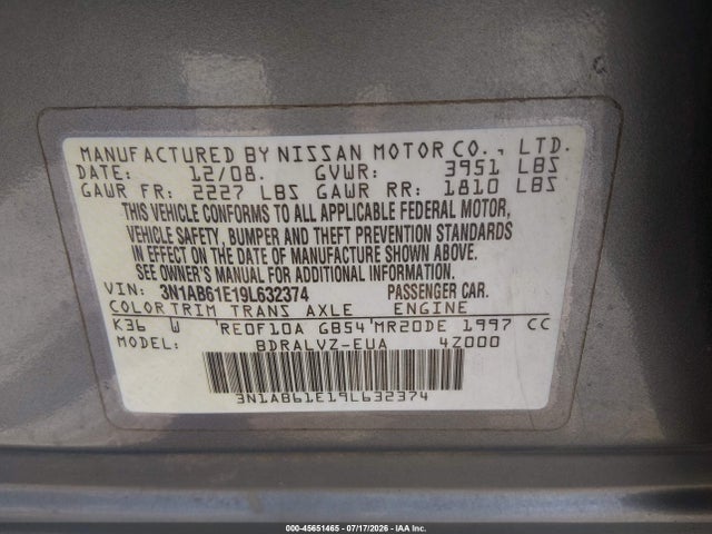 2009 Nissan Sentra 2.0sl მანქანა იყიდება აუქციონზე, vin: 3N1AB61E19L632374, აუქციონის ნომერი: 45651465