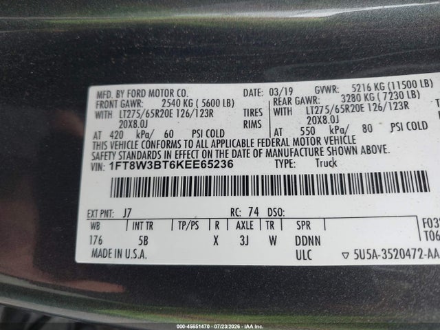 45651470 :رقم المزاد ، 1FT8W3BT6KEE65236 vin ، 2019 Ford F-350 Lariat مزاد بيع