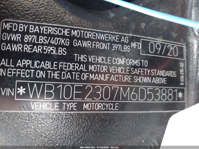 Aukcja sprzedaży 2021 Bmw S 1000 Rr, vin: WB10E2307M6D53881, numer aukcji: 45651484