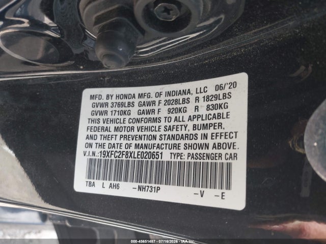 Auction sale of the 2020 Honda Civic Sport, vin: 19XFC2F8XLE020651, lot number: 45651487