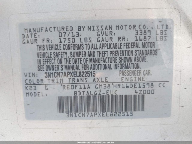3N1CN7APXEL822515 Nissan Versa 1.6 Sl