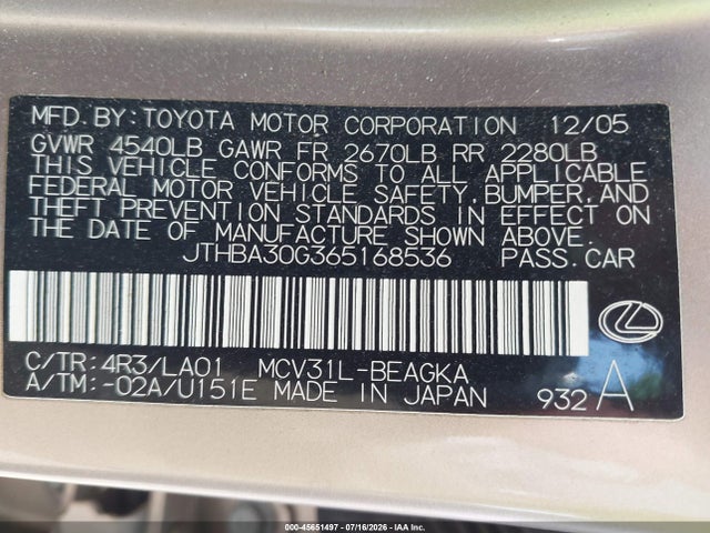 Продажа на аукционе авто 2006 Lexus Es 330, vin: JTHBA30G365168536, номер лота: 45651497