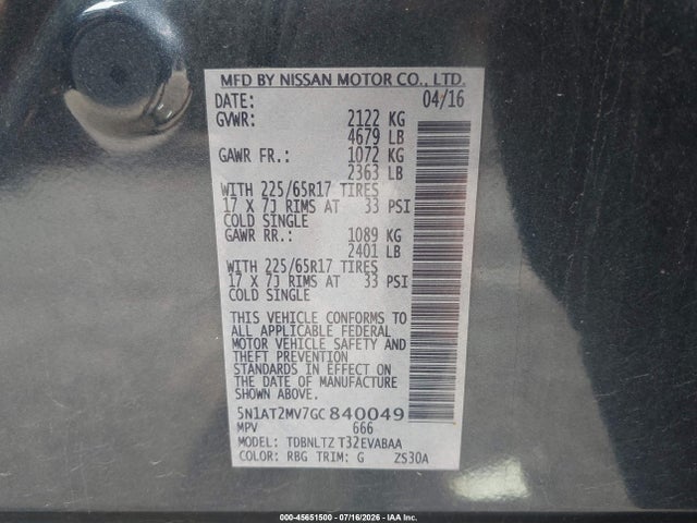 5N1AT2MV7GC840049 Nissan ROGUE SV