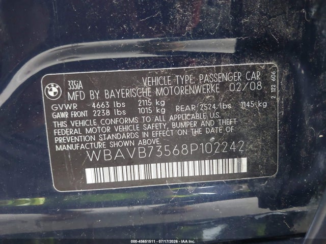 Aukcja sprzedaży 2008 Bmw 335i, vin: WBAVB73568P102242, numer aukcji: 45651511