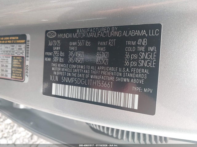 Продажа на аукционе авто 2026 Hyundai Santa Fe Calligraphy, vin: 5NMP5DGL1TH153661, номер лота: 45651517