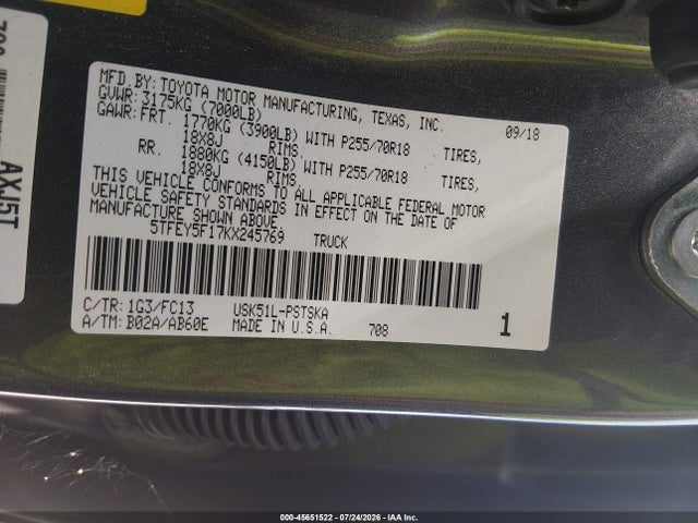 Продаж на аукціоні авто 2019 Toyota Tundra Sr5 5.7l V8, vin: 5TFEY5F17KX245769, номер лоту: 45651522