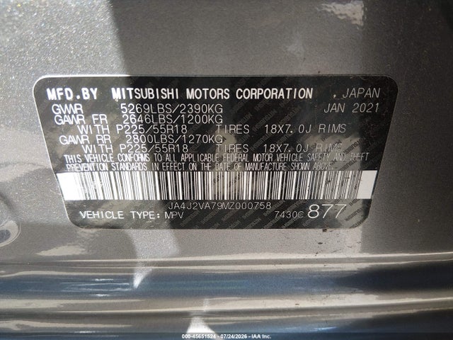 45651524 :رقم المزاد ، JA4J2VA79MZ000758 vin ، 2021 Mitsubishi Outlander Phev Gt S-awc/le S-awc/sel S-awc مزاد بيع