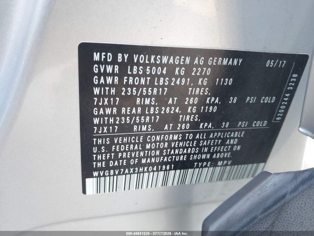 2017 Volkswagen Tiguan 2.0t/2.0t S მანქანა იყიდება აუქციონზე, vin: WVGBV7AX3HK041961, აუქციონის ნომერი: 45651528