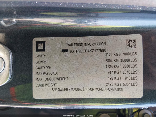 Продаж на аукціоні авто 2019 Gmc Sierra 1500 At4, vin: 1GTP9EED4KZ177596, номер лоту: 45651542
