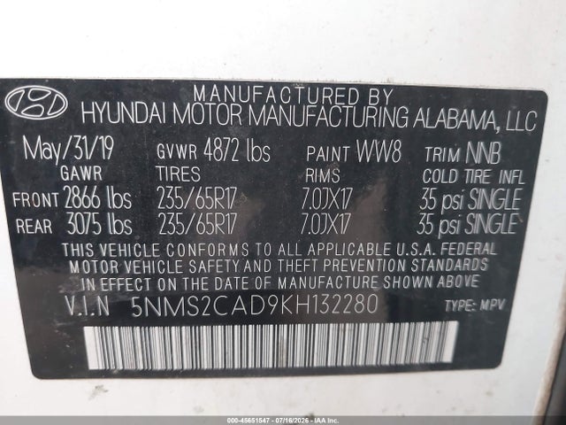 Продаж на аукціоні авто 2019 Hyundai Santa Fe Se, vin: 5NMS2CAD9KH132280, номер лоту: 45651547