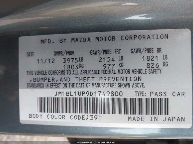 Aukcja sprzedaży 2013 Mazda Mazda3 I Sport, vin: JM1BL1UP9D1749800, numer aukcji: 45651553