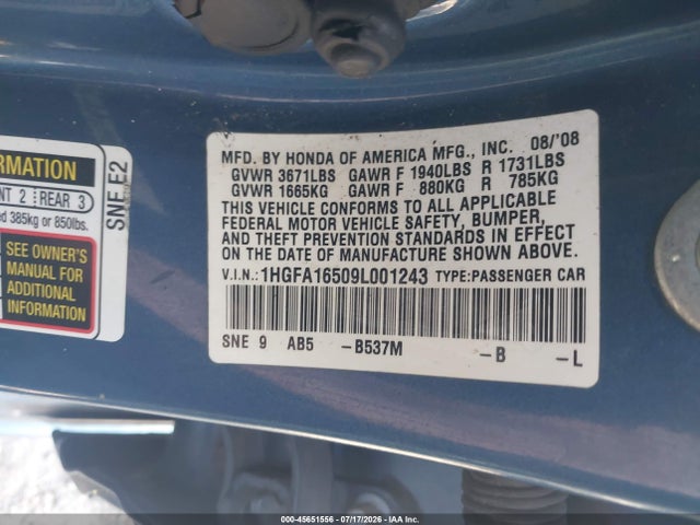Продаж на аукціоні авто 2009 Honda Civic Lx, vin: 1HGFA16509L001243, номер лоту: 45651556