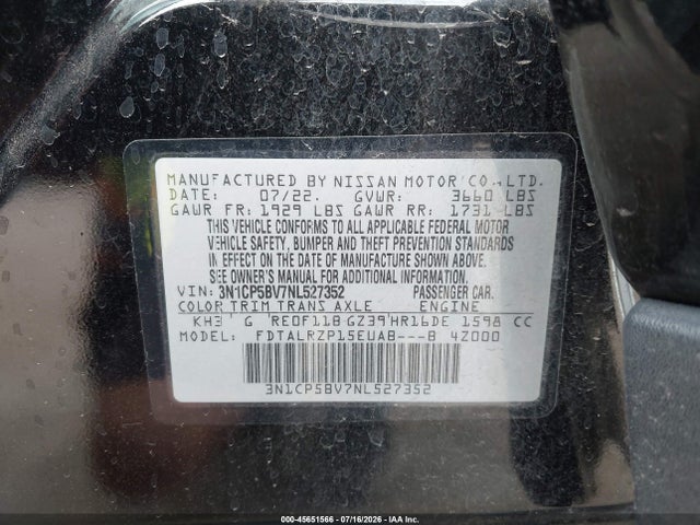 Продажа на аукционе авто 2022 Nissan Kicks S Xtronic Cvt, vin: 3N1CP5BV7NL527352, номер лота: 45651566