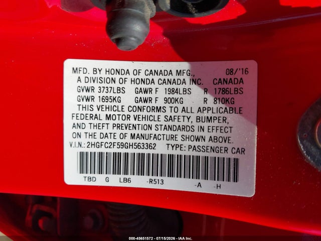 Honda Civic Lx 2016 2HGFC2F59GH563362 Image 9