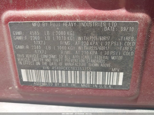 Продаж на аукціоні авто 2011 Subaru Outback 2.5i Limited, vin: 4S4BRCKC1B3353755, номер лоту: 45651597