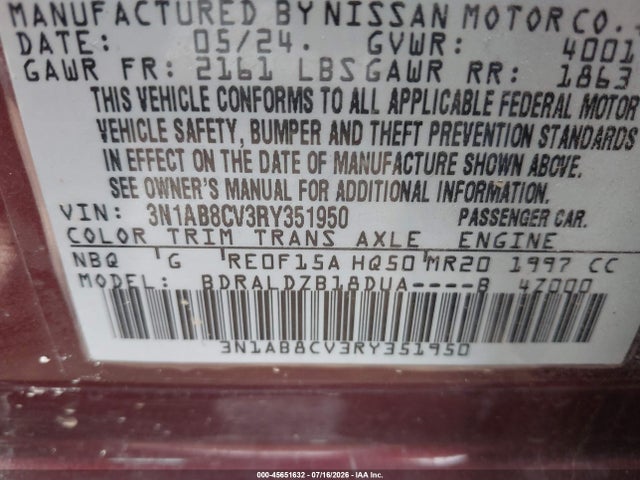 45651632 :رقم المزاد ، 3N1AB8CV3RY351950 vin ، 2024 Nissan Sentra Sv Xtronic Cvt مزاد بيع