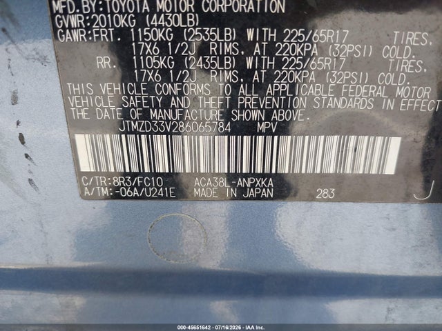 Aukcja sprzedaży 2008 Toyota Rav4, vin: JTMZD33V286065784, numer aukcji: 45651642