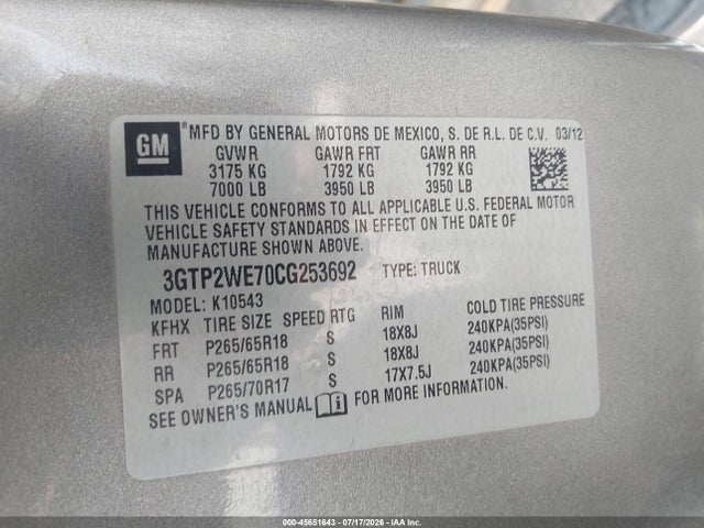 2012 Gmc Sierra 1500 Slt მანქანა იყიდება აუქციონზე, vin: 3GTP2WE70CG253692, აუქციონის ნომერი: 45651643
