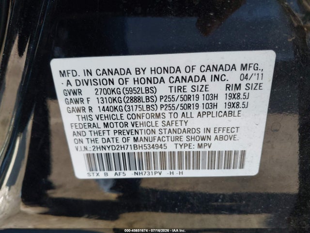 Aukcja sprzedaży 2011 Acura Mdx Advance Package, vin: 2HNYD2H71BH534945, numer aukcji: 45651674