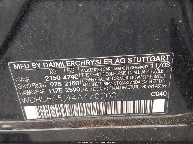 Aukcja sprzedaży 2004 Mercedes-benz E 320, vin: WDBUF65J44A470700, numer aukcji: 45651702