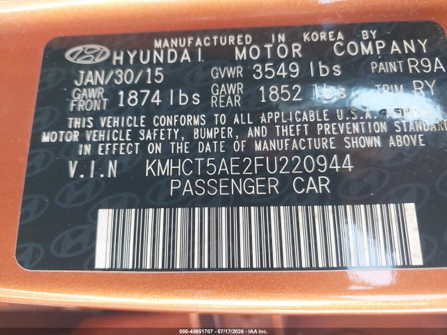 Продаж на аукціоні авто 2015 Hyundai Accent Gs, vin: KMHCT5AE2FU220944, номер лоту: 45651707
