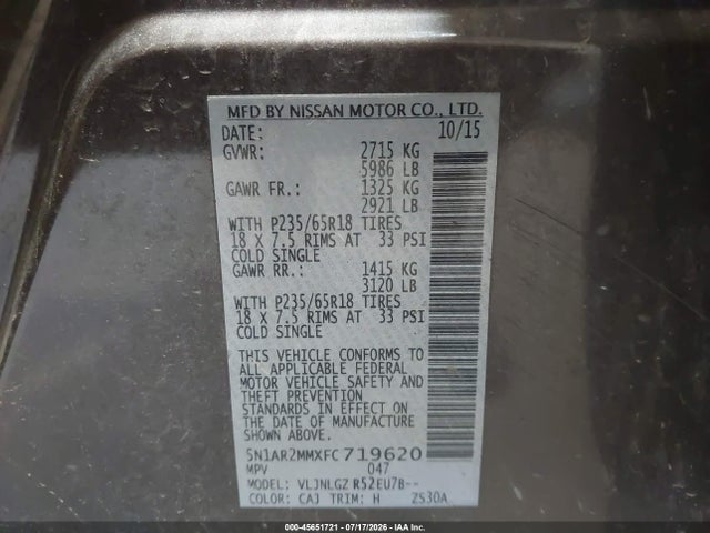 45651721 :رقم المزاد ، 5N1AR2MMXFC719620 vin ، 2015 Nissan Pathfinder Sl مزاد بيع