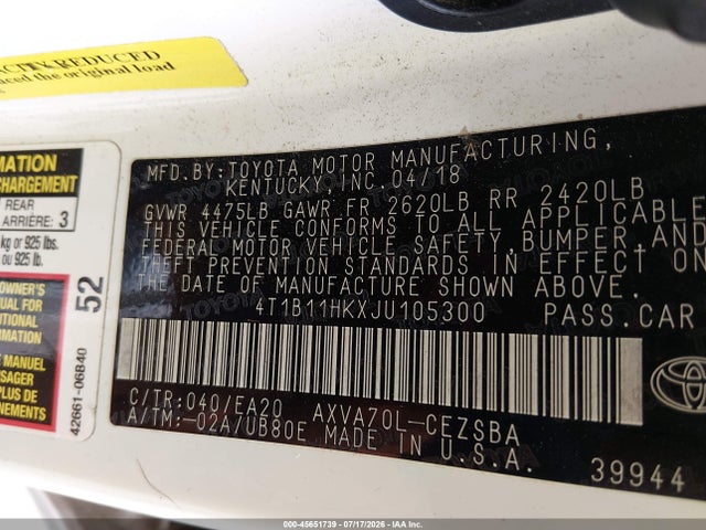 Продажа на аукционе авто 2018 Toyota Camry Se, vin: 4T1B11HKXJU105300, номер лота: 45651739
