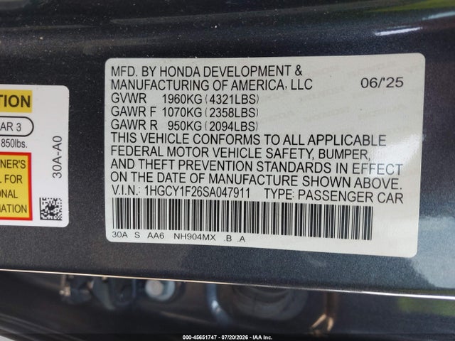 Продажа на аукционе авто 2025 Honda Accord Lx, vin: 1HGCY1F26SA047911, номер лота: 45651747
