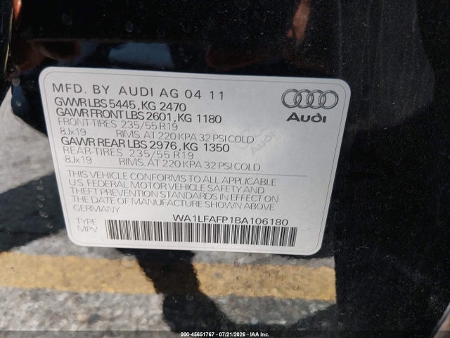 45651767 :رقم المزاد ، WA1LFAFP1BA106180 vin ، 2011 Audi Q5 2.0t Premium مزاد بيع