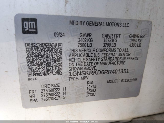 Aukcja sprzedaży 2024 Chevrolet Tahoe 4wd Rst, vin: 1GNSKRKD6RR401351, numer aukcji: 45651776