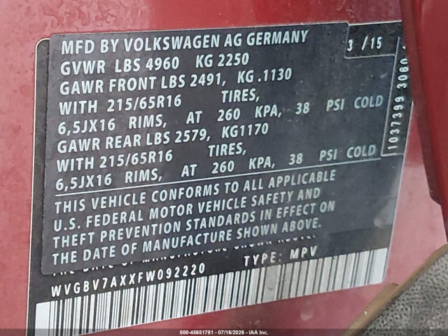 45651781 :رقم المزاد ، WVGBV7AXXFW092220 vin ، 2015 Volkswagen Tiguan S مزاد بيع