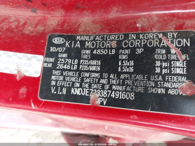 45651784 :رقم المزاد ، KNDJE723387491608 vin ، 2008 Kia Sportage Lx V6 مزاد بيع