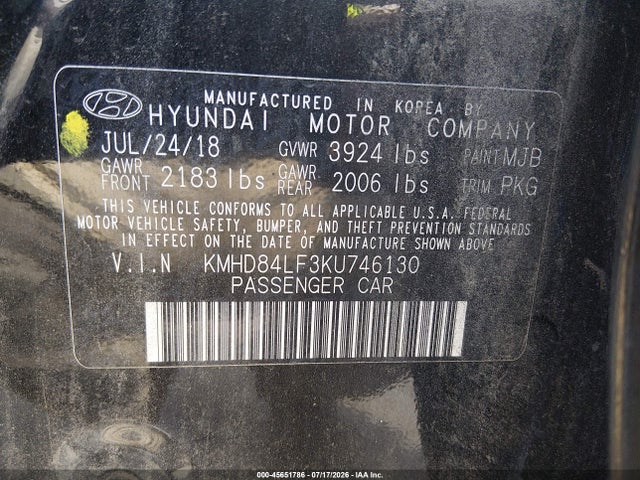 Продаж на аукціоні авто 2019 Hyundai Elantra Sel, vin: KMHD84LF3KU746130, номер лоту: 45651786
